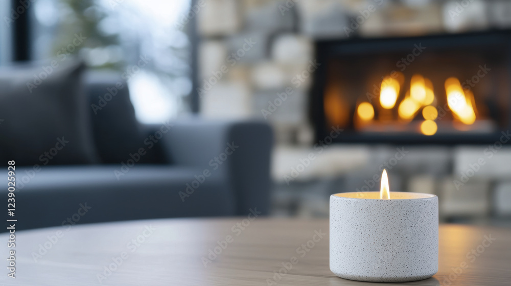 cozy living room scene featuring lit candle on wooden table, with fireplace in background, creating warm atmosphere cozy living room scene featuring lit candle on wooden table, with fireplace in background, creating warm atmosphere