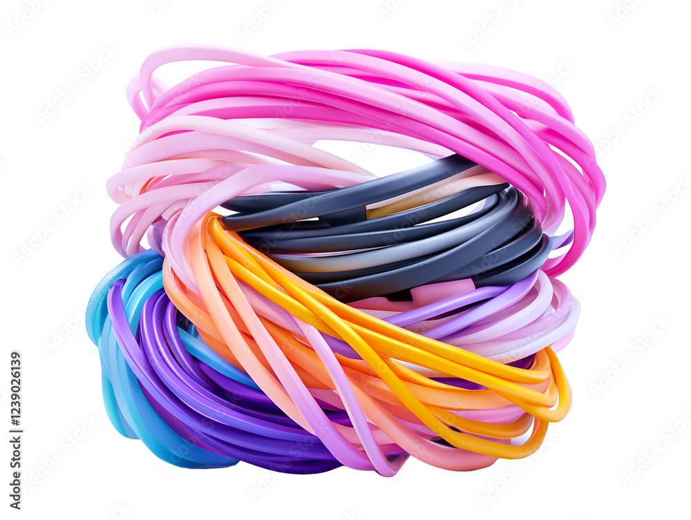 A colorful and vibrant collection of rubber bands in various shades arranged in a tangled heap, capturing a playful and whimsical aspect of everyday objects, isolated on transparent background, PNG A colorful and vibrant collection of rubber bands in various shades arranged in a tangled heap, capturing a playful and whimsical aspect of everyday objects, isolated on transparent background, PNG