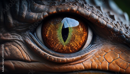 hyperrealistic closeup of trex eye reptilian texture fierce gaze prehistoric jungle reflection dramatic lights paleontologyinspired element