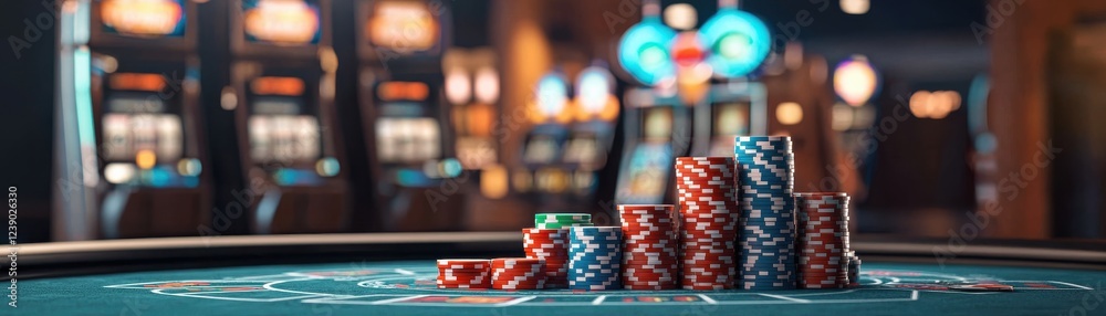 A vibrant poker table displaying stacks of colorful chips, set against a backdrop of illuminated slot machines. A vibrant poker table displaying stacks of colorful chips, set against a backdrop of illuminated slot machines.