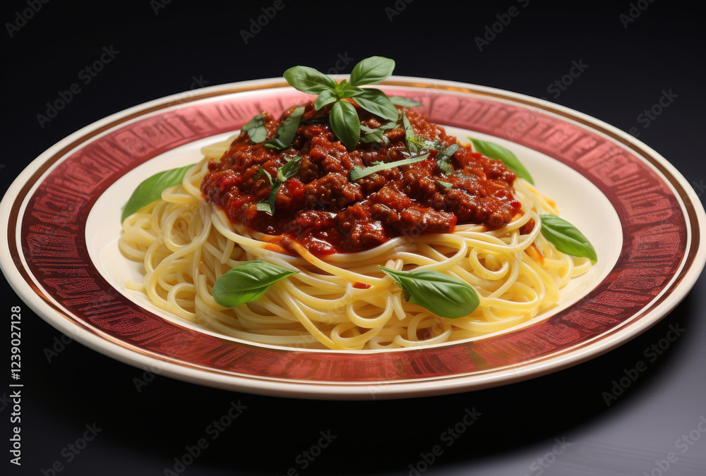 Delicious spaghetti with meat sauce garnished with fresh basil leaves, served on decorative plate. This dish evokes warmth and comfort, perfect for hearty meal Delicious spaghetti with meat sauce garnished with fresh basil leaves, served on decorative plate. This dish evokes warmth and comfort, perfect for hearty meal