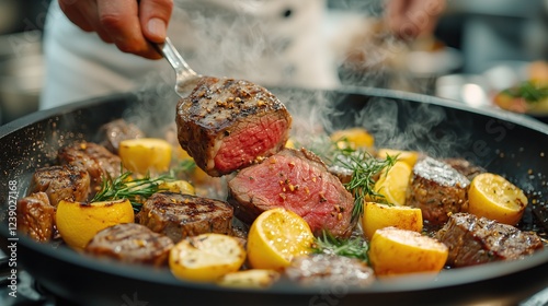 Sizzling steaks and lemon slices in pan seasoned to perfection photo