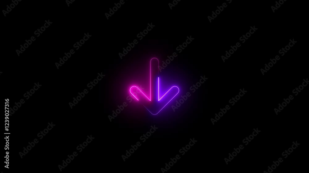 Arrow down shopping symbol icon animation neon glow pink and purple color on black background Arrow down shopping symbol icon animation neon glow pink and purple color on black background