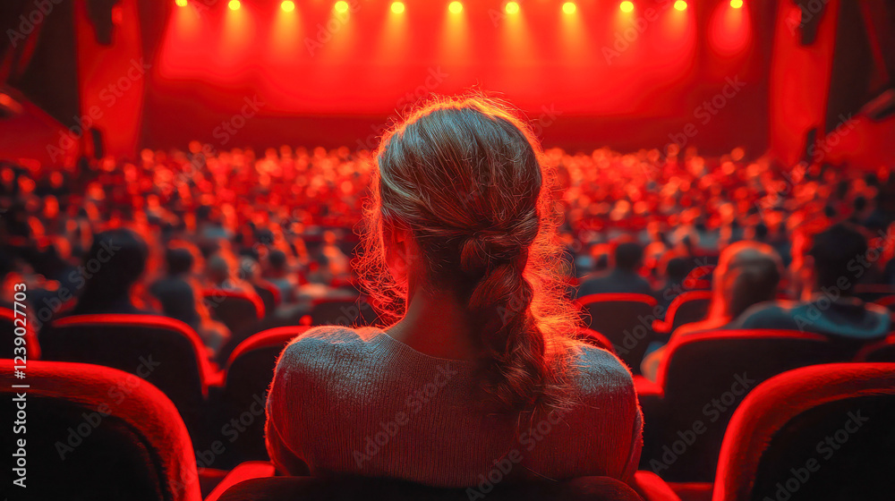 A stylish woman wearing sunglasses sits in a cinema with glowing red lights, immersed in the experience A stylish woman wearing sunglasses sits in a cinema with glowing red lights, immersed in the experience