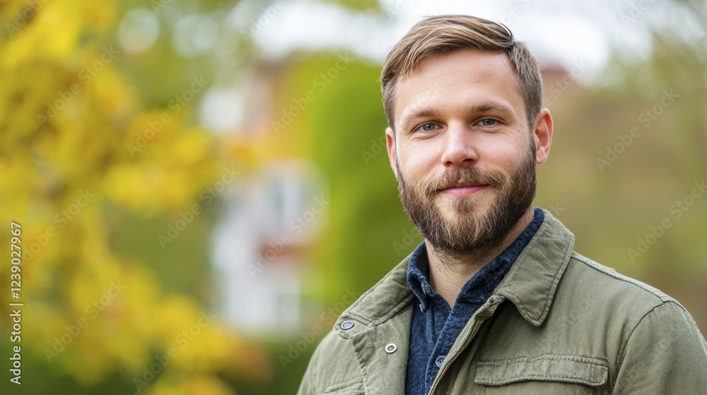 man with beard smiles outdoors, surrounded by autumn foliage man with beard smiles outdoors, surrounded by autumn foliage