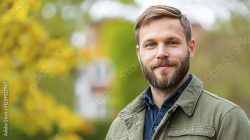 man with beard smiles outdoors, surrounded by autumn foliage