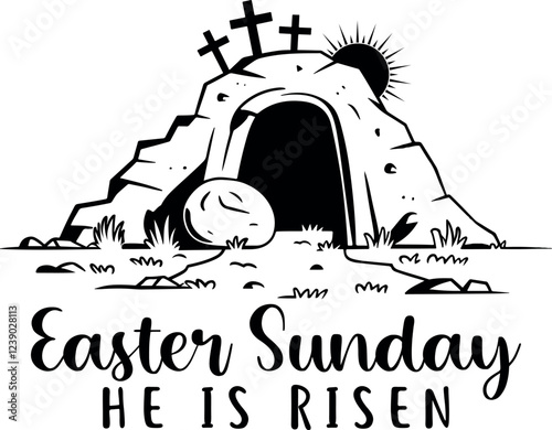 Happy Easter Sunday he is risen christian tomb grave vector on a white background 2