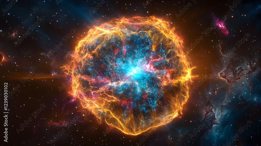 Fototapeta premium A 3D neon supernova in gamma-ray blue and cosmic void, explosive and radiant