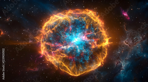 A 3D neon supernova in gamma-ray blue and cosmic void, explosive and radiant