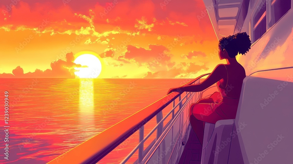 Fototapeta premium Relaxing Woman Enjoying Sunset on Yacht Over Calm Ocean Water