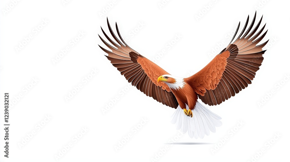 Obraz premium Majestic Eagle Spreading Wings in Mid-Flight Against Clean White Background