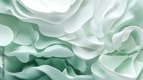 A calming 3D abstract design with a gradient of sage green and white, incorporating soft, organic forms