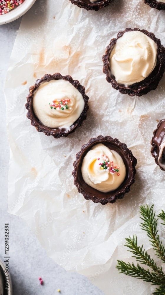 Mini chocolate tartlets topped with cream and festive sprinkles for Christmas Mini chocolate tartlets topped with cream and festive sprinkles for Christmas