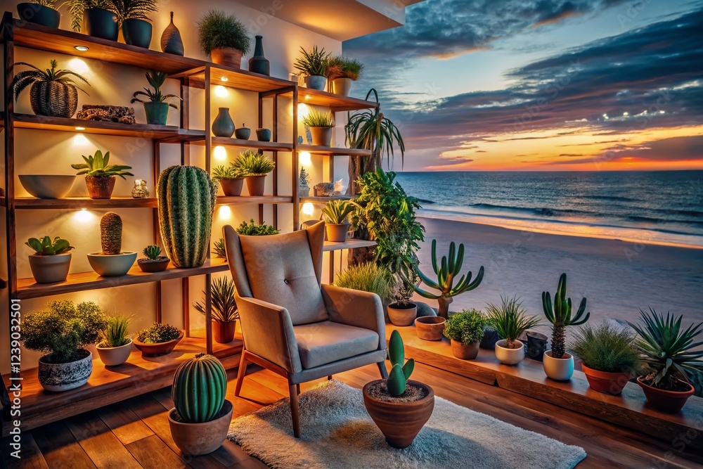 Fototapeta premium Low Light Living Room: Desert & Exotic Plants on Floating Shelves, Beach Chair