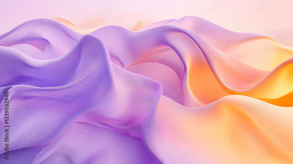 Obraz premium A dreamy 3D abstract wavy background with a gradient of lavender and pale yellow, featuring floating, translucent shapes