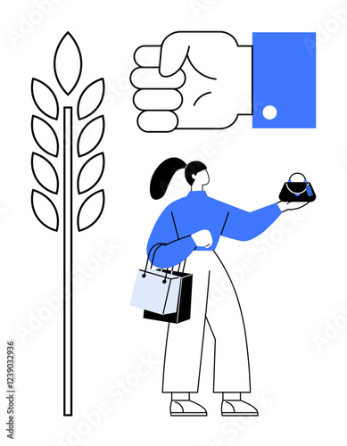 Woman holding reusable bag and product, shopping bags in other hand, standing in front of a stylized plant and a raised fist. Ideal for sustainability, consumer behavior, empowerment, minimalism