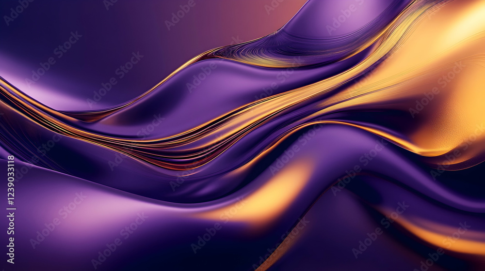 Obraz premium A dynamic 3D abstract composition with a gradient of deep purple and gold, showcasing fluid, wave-like forms
