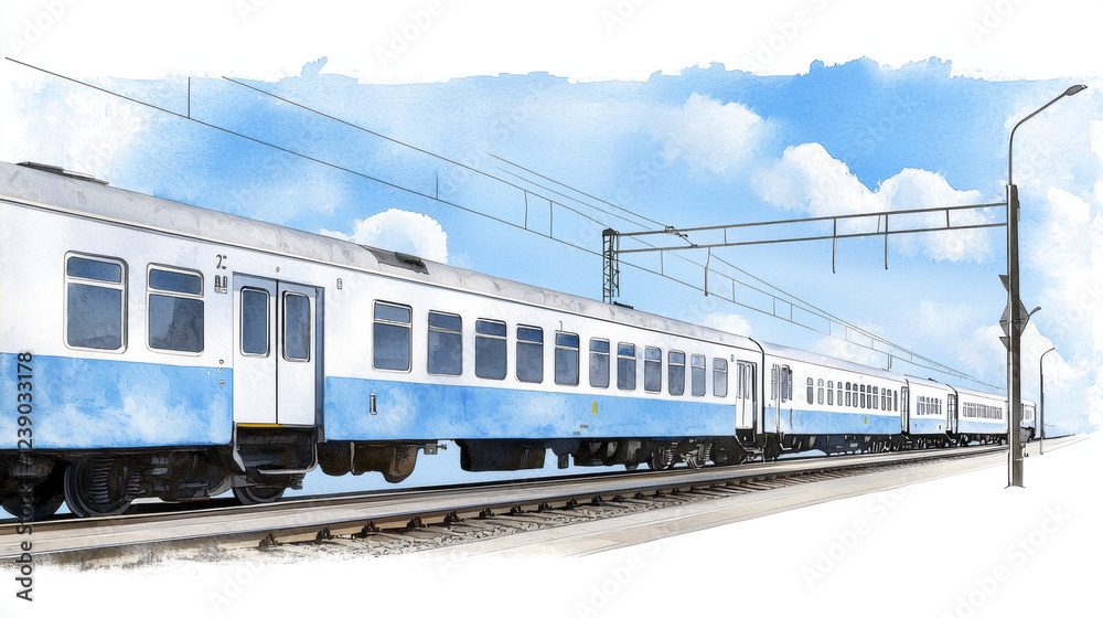watercolor illustration of blue and white train traveling on tracks under bright blue sky with fluffy clouds watercolor illustration of blue and white train traveling on tracks under bright blue sky with fluffy clouds