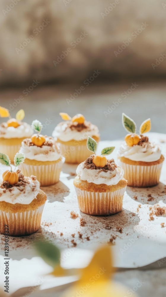 Mini pumpkin cupcakes with cinnamon crumble and sugar leaves Mini pumpkin cupcakes with cinnamon crumble and sugar leaves