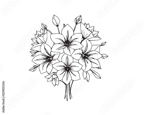 A high-resolution of an intricately detailed origami-style flower bouquet vector sketch.  The flowers are various sizes and shapes, rendered in bold lines against a white background. Vector