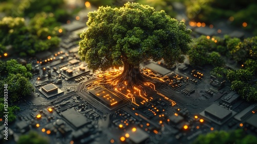 A visually striking digital artwork depicting lush green trees rising from a futuristic circuit board.