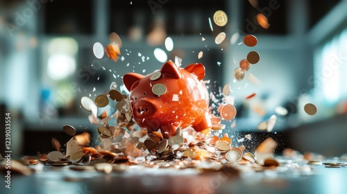 A vibrant red piggy bank bursts dramatically, scattering coins in all directions, symbolizing financial freedom and breaking the chains of saving habits under pressure. photo