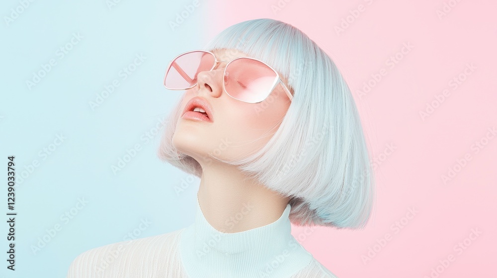 Stylish Woman with Short Silver Hair and Pink Sunglasses against Pastel Background Stylish Woman with Short Silver Hair and Pink Sunglasses against Pastel Background
