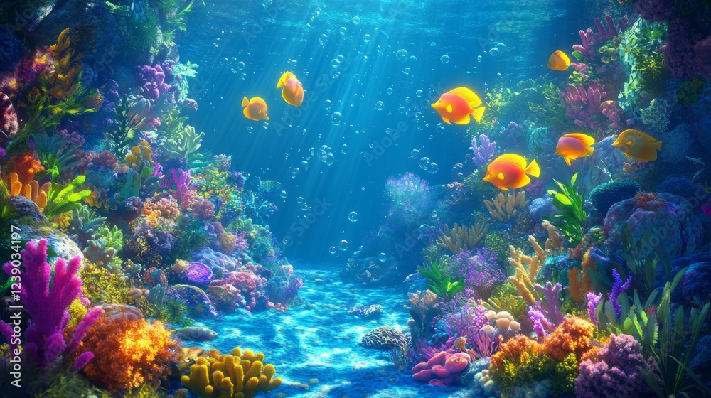 Fototapeta premium Vibrant Coral Reef with Colorful Fish and Sunlight Beams Underwater