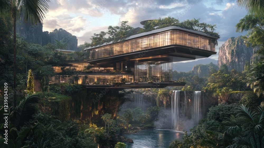 Fototapeta premium Modern Tropical Waterfall Cliffside Mansion Home
