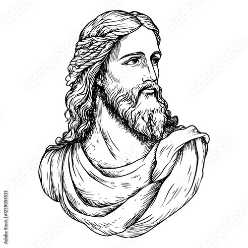 Jesus Christ portrait with flowing hair and robe, detailed sketch vector artwork
