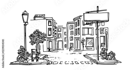 urban street scene with buildings and streetlights, hand-drawn vector illustration
