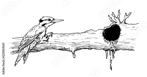 woodpecker perched on a tree with hollow, artistic vector sketch design

