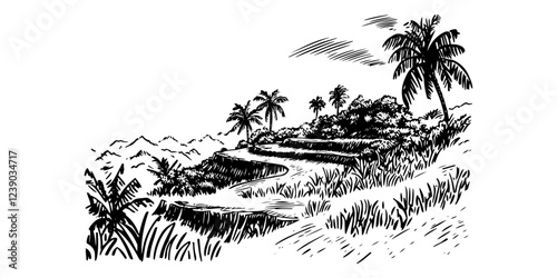 tropical landscape with palm trees and terraced fields, vector silhouette for engraving
