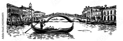 venetian gondola with historic bridge and architecture, vector silhouette for engraving
