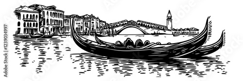 venice gondola with historic bridge and architecture, vector silhouette for engraving
