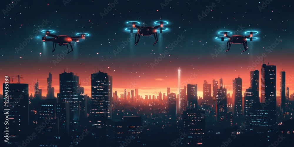 Three Drones Flying Over A Futuristic Cityscape At Sunset Three Drones Flying Over A Futuristic Cityscape At Sunset