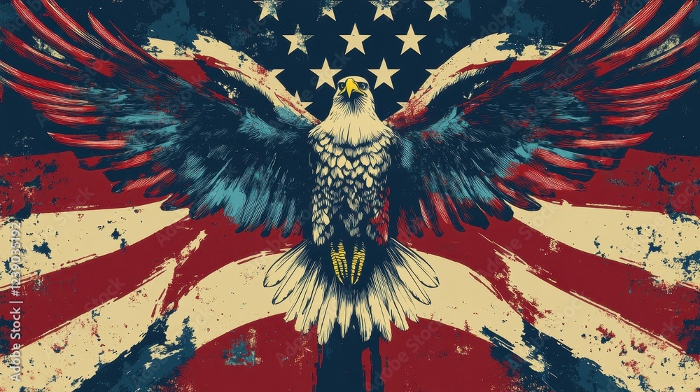 Fototapeta premium Majestic Bald Eagle Soaring Against American Flag