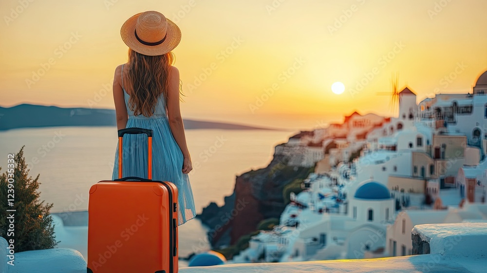 Obraz premium A joyful woman tourist with an orange suitcase, embracing the beauty of Santorini's sunset and architectural charm.