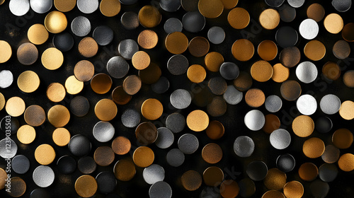 A luxurious 3D design with metallic dots in gold, silver, and bronze, layered elegantly against a black background for a rich texture