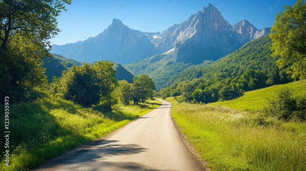 Naklejka premium A narrow paved road leads to the majestic Pedraforca mountain, surrounded by lush greenery under a clear blue sky in Catalonia, Spain.