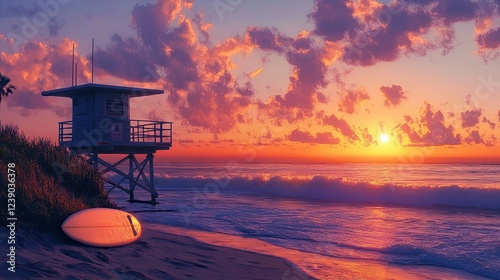 A peaceful coastal sunset with a lifeguard tower, surfboard, and calm waves, capturing the quiet duty of safety amidst natural beauty.