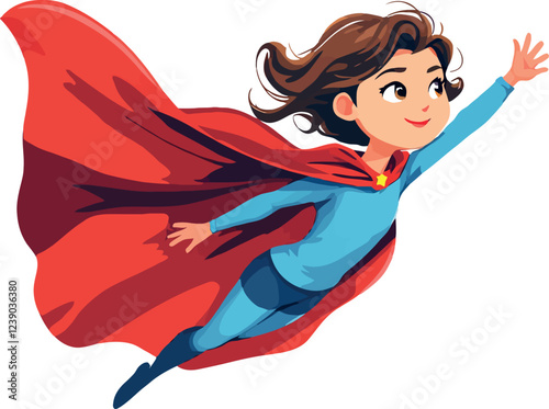 Superhero girl flying wearing red cape and blue costume
