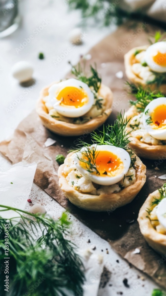 Mini tartlets with crab salad and quail eggs create a casual dining experience Mini tartlets with crab salad and quail eggs create a casual dining experience