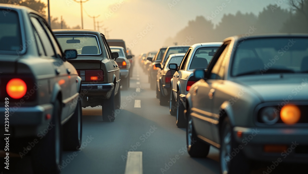 Cars Stuck in Traffic Jam with Air Pollution and Smog of Exhaust Fumes, Carbon Footprint Cars Stuck in Traffic Jam with Air Pollution and Smog of Exhaust Fumes, Carbon Footprint