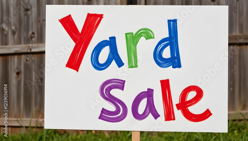 Colorful yard sale sign against wooden fence
