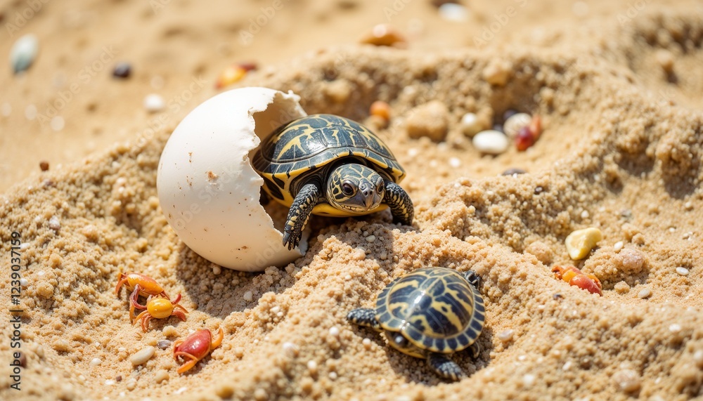 Hatching turtles emerging from eggs on sandy beach Hatching turtles emerging from eggs on sandy beach