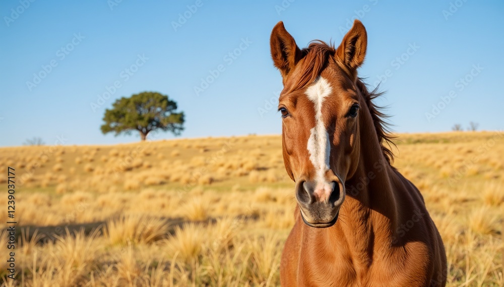 Horse standing in a field under a clear blue sky Horse standing in a field under a clear blue sky