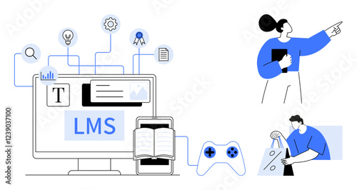 People interacting with LMS on computer, gaming controller, open book, and various learning icons. Ideal for education, digital learning, collaboration, e-learning, interactive training online