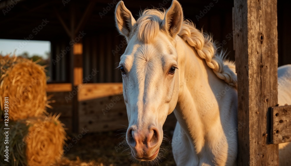Obraz premium White horse peering out from stable beside hay bales