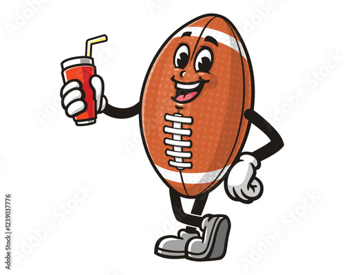 Cartoon mascot character of American Football holding Soft drink